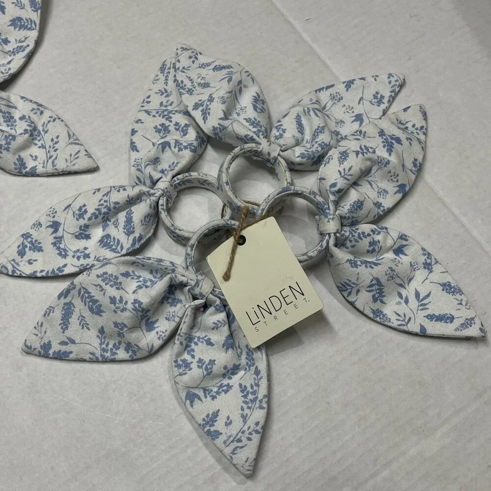 Linden Street Easter Napkin Rings Bunny‎ Rabbit Ears Fabric Blue Floral Set Of 8